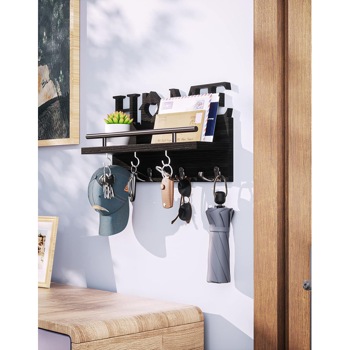 Дерев'яне ключниця-органайзер на стіну з полицею, 7 гачків, чорний, для дому