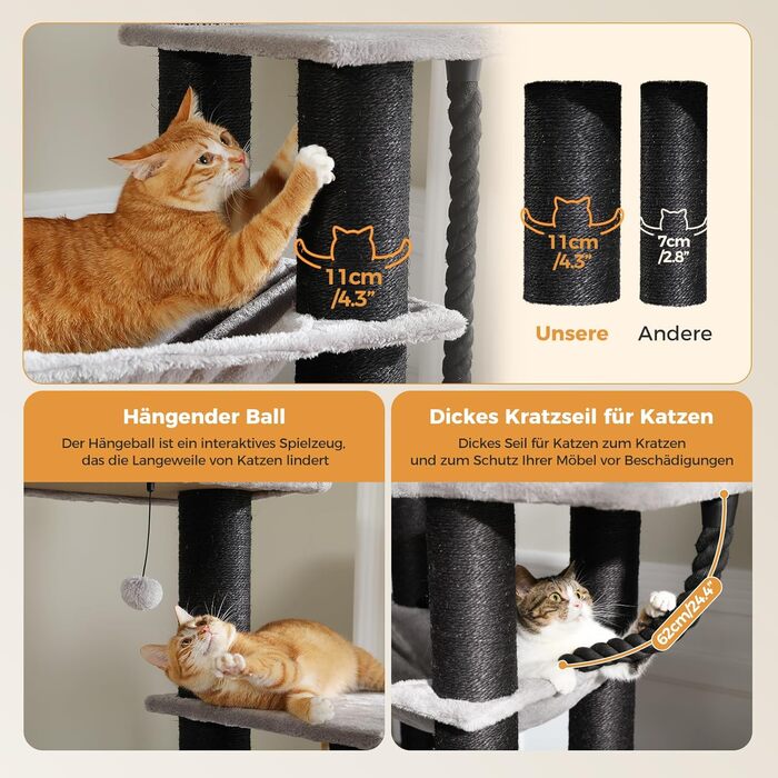 Котячий комплекс PAWZ Road XXL: стійка, з гамаком, 13 стовпчиків сизалю, печери, кошиків, 170 см, чорний