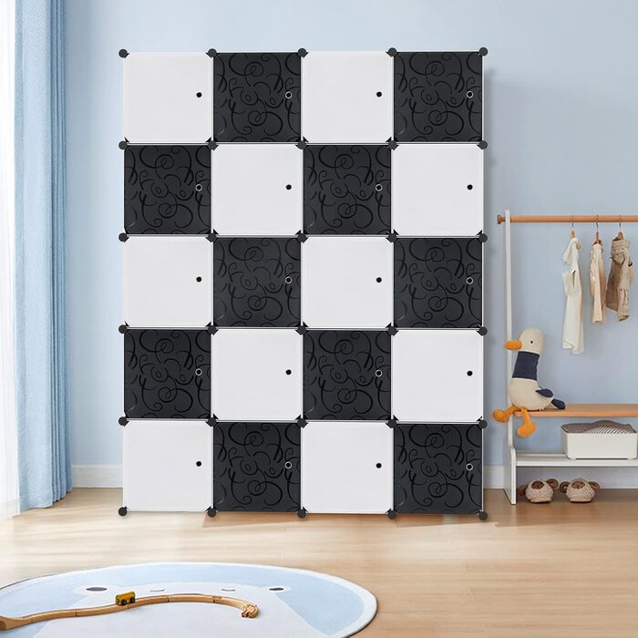 NAIZY Wardrobe Black DIY Plastic Shelf System Clothes Closet Storage Shelf Plug-in Shelf System with Door Plastic Cabinet (16 Cubes, with 2 Clothes Rods) (20 Cubes, with 2 Clothes Rods)