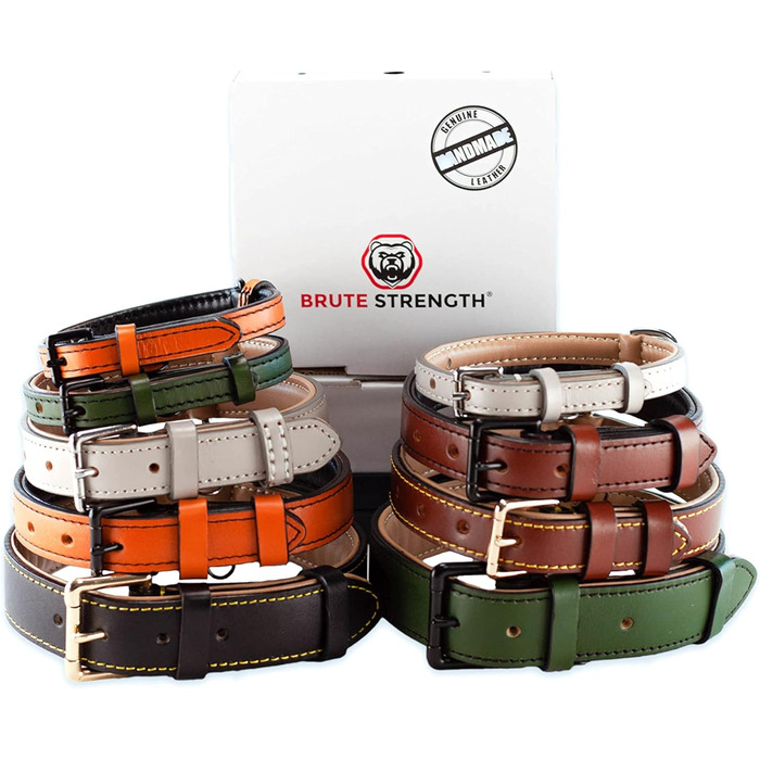 Нашийник для собак Brute Strength з натуральної шкіри, чорний, чорні шви, розмір L (46-53 см)