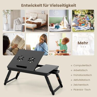 Столик для ноутбука COSTWAY з бамбука, регульований по висоті та куту нахилу, з вентиляцією, з ящиком, складний, для ліжка, читання, сніданку, 53 x 33 x 20-26,5 см (колір: коричневий)