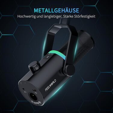 Мікрофон FEELWORLD PM1 XLR/USB з RGB-підсвічуванням для запису подкастів, геймінгу та YouTube. З підсвічуванням RGB, регулятором гучності та навушником.