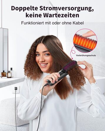 Bopcal Міні випрямляч для волосся - щітка-випрямляч, бездротова, 10000mAh, іонна технологія, професійний захист від опіків, швидкий нагрів, 6 температурних режимів, для подорожей, чорний
