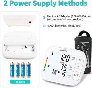 Тонометр EUROPAPA на плече для дому, вимірювання пульсу та артеріального тиску, велика манжета (22-42 см), 2 * 60 пам'ять, для 2 користувачів