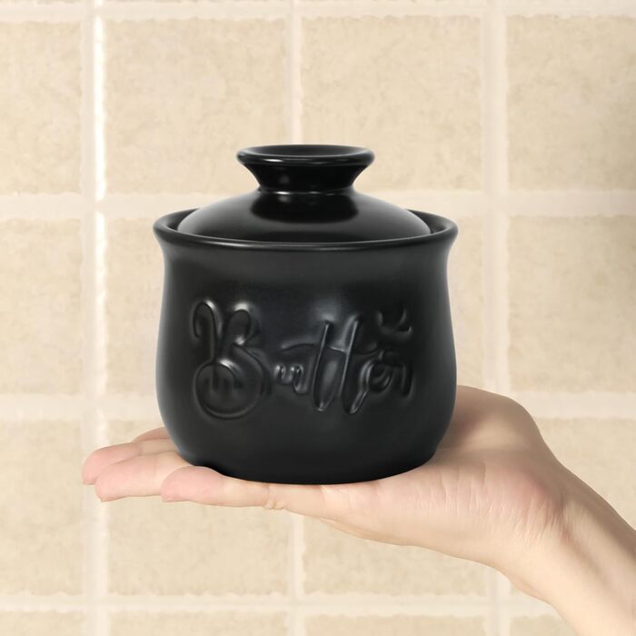 Ceramic butter dish, 156 ml, with water and butter dispenser, holder for spreadable butter, French butter crock with lid, butter container for kitchen countertop, black kitchen decoration
