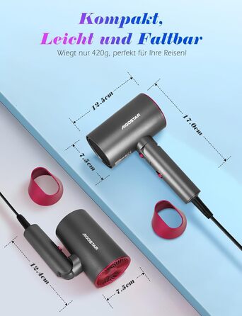 Aigostar Фен для подорожей 2100W з складною ручкою, сірий, з захистом від перегріву, з сумкою