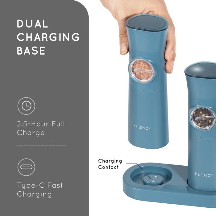 Gravity Electric Salt and Pepper Grinder Set, 2-Piece Set Rechargeable Electric Salt and Pepper Shakers with USB-C Charging Station, Electric Spice Grinder for Dry Spices