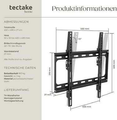 Настінний кронштейн для телевізора tectake® нахильний, для ТВ 26