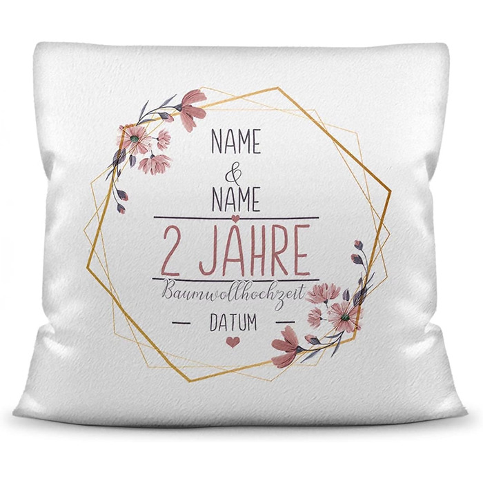 Pillow Wedding Day Cotton Wedding - Customize with Name & Date - 2 Years of Marriage, Wedding Gift, Anniversary, Engagement - Fluffy White Pillow, 40x40 cm | Personalized