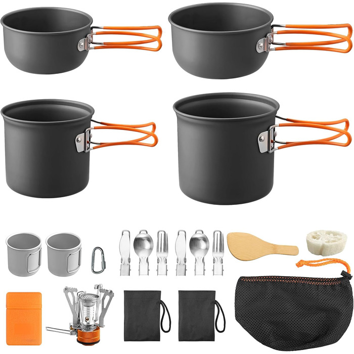 Набір посуду для кемпінгу Funykich, 19 предметів: каструлі, миски, столові прибори. Ідеально для 2 осіб, пікніків, походів. Алюміній, складаний.