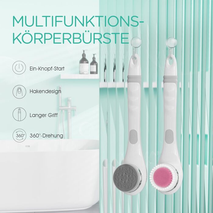 VOYOR Back Brush Shower Brush Body Brush Electric Back Brush Long Handle Waterproof Rechargeable with 4 Cleaning Heads for Spa Shower Exfoliating Massage Brush BC100 (Gray)