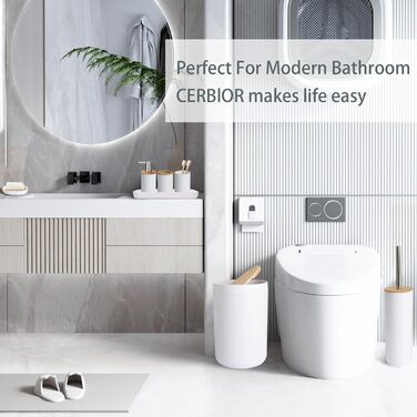 CERBIOR Набір аксесуарів для ванної кімнати з бамбука, 6 предметів: мильниця, тримач для зубних щіток, стакан для ополіскування, дозатор для лосьйону, флакон, сміттєвий контейнер, щітка для унітазу, білий