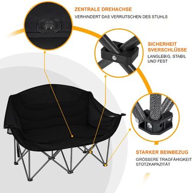 Кампанінг стілець подвійний великий з підлокітниками та підсклянником, складаний для 2 осіб, чорний - для кемпінгу та відпочинку на природі