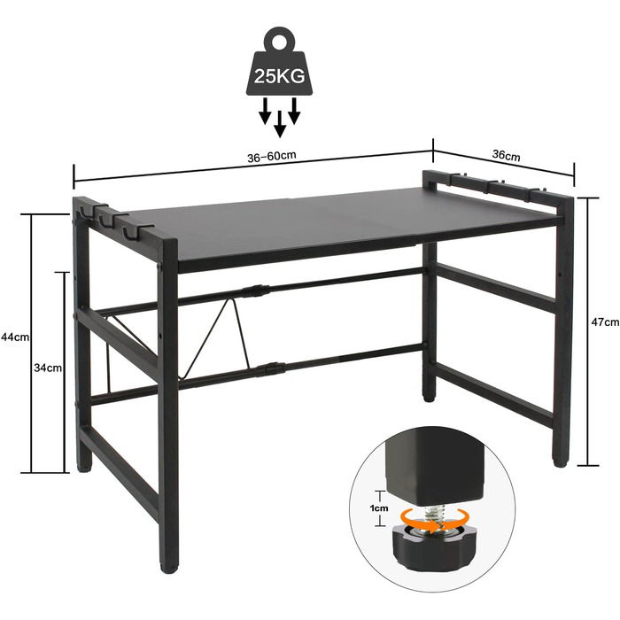 Підставка для мікрохвильової печі Todeco, 2-ярусна, чорна, з 6 гачками, регульована (36-60) x 36 x 44 см, до 25 кг