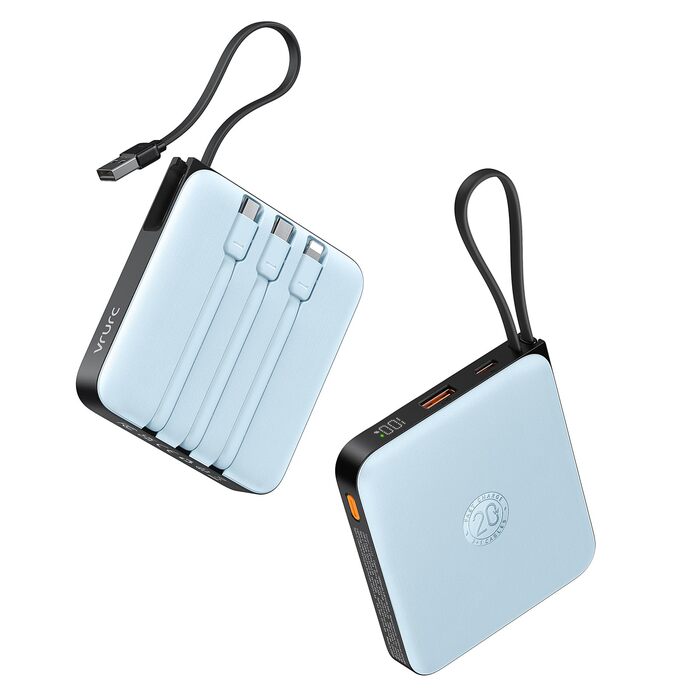 Power Bank VRURC 20000mAh з кабелем USB-C 22.5W QC3.0: Зовнішній акумулятор для iPhone, Huawei та смартфонів (Синій)