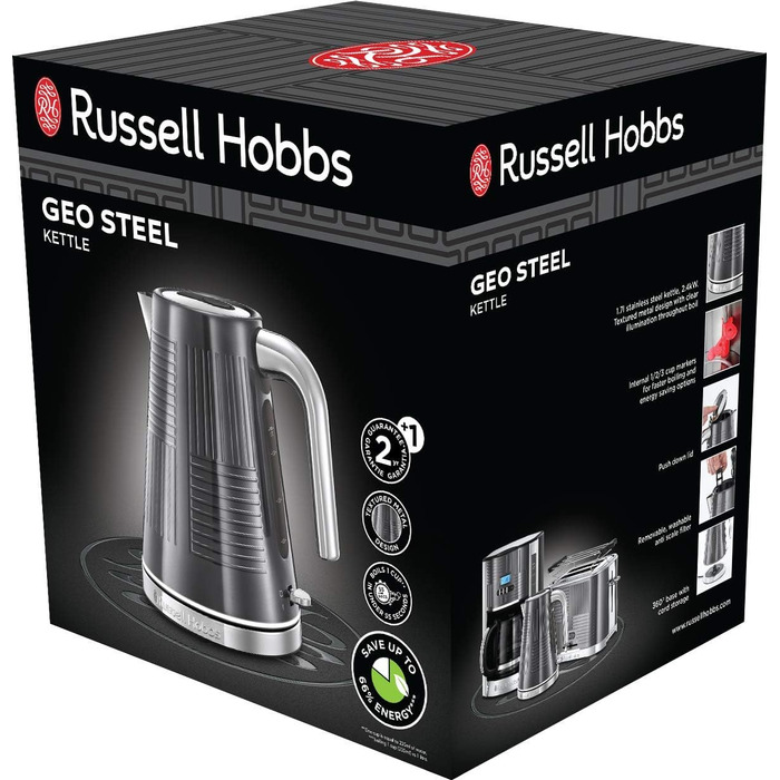 Тостер Russell Hobbs Geo з нержавіючої сталі сірого кольору (2 слоти, підставка для булочок, 6 рівнів підсмажування, функції розморожування та підігріву, швидка технологія підсмажування, 1640W)