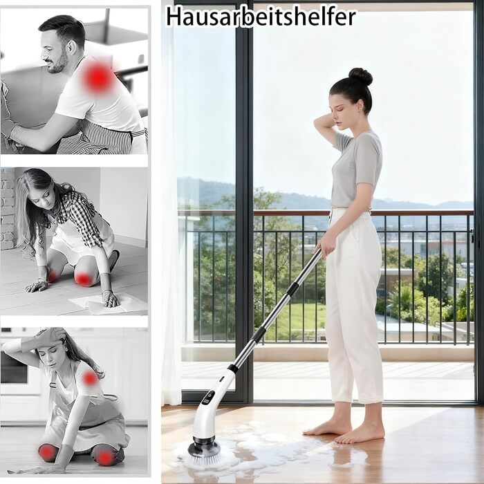 Електрична ротаційна щітка для прибирання: 8 насадок, регульована ручка, USB-C зарядка. Підходить для підлоги, плитки, ванної, кухні та душу