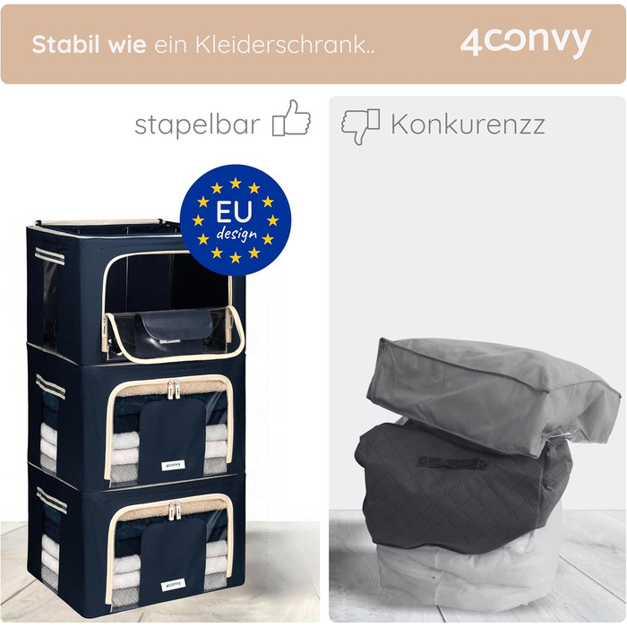 Durable Foldable Clothes Storage Box with Zipper, Metal Frame - [2024 IMPROVED MATERIAL] Duvet Storage Bag – Sturdy Clothes Storage Box (Blue, 3x66L)