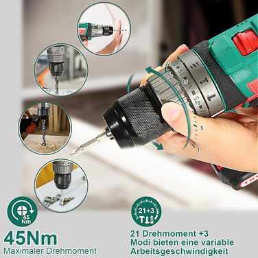 Акумуляторний шурупокрут HYCHIKA 18V, 45 Nm, 2.0 Ah, 27 предметів, 21+3 ступені, 2 швидкості, для свердління та закручування