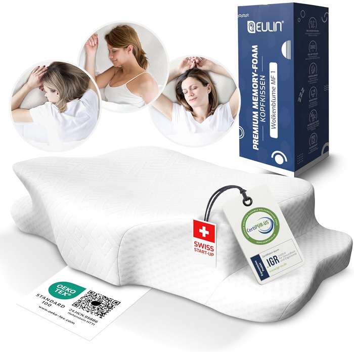 Ортопедична подушка для шиї EULIN® з преміальної піни Memory Foam, ергономічна, сертифікат IGR
