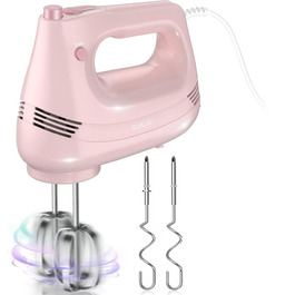 Електричний ручний міксер з нержавіючої сталі, вінчики та гаки для тіста, 5 швидкостей, Turbo Boost, для випічки, тортів, яєць та збивання (РОЖЕВИЙ)