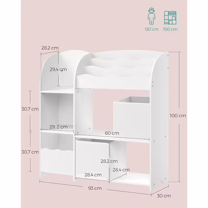 SONGMICS Kids' Room Shelf, Toy Organizer, Bookshelf for Children, Multifunctional Storage Unit with 2 Storage Boxes, Space-Themed Stickers, Kids' Room, Bedroom, White GKR42WT (Cloud White)