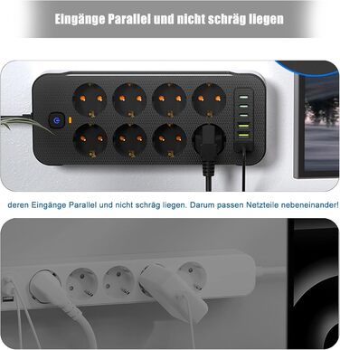 Мережевий фільтр AOUOO 8 розеток з вимикачем, 2м кабель, 3USB/3Type-c (5V/3.1A), 250V/16A, захист від перенапруги 3840W, чорний