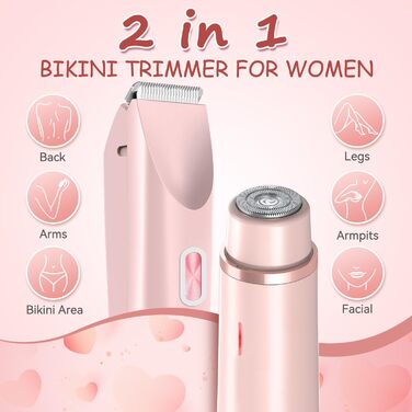 Електричний тример для бікіні для жінок, 2-в-1, рожевий. Тример для тіла, обличчя, брів, вусів, бороди, рук та ніг. Вологостійкий IPX7, для сухого та вологого використання.