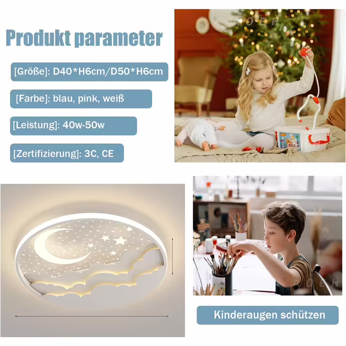 LED Ceiling Lamp Star Moon Ceiling Light for Kids Acrylic Lampshade Stepless Dimming with Remote Control Ultra-thin 6Cm Bedroom Ceiling Kindergarten Lighting - D40cm, 40W, White