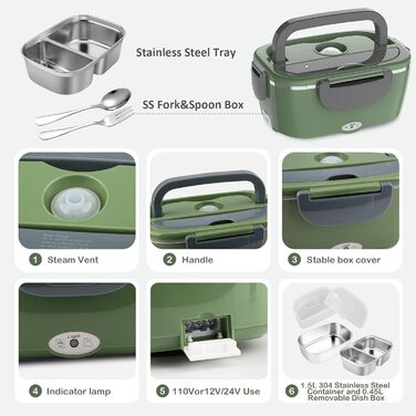 Electric Lunch Box 100W, 3-in-1 Portable Heated Lunch Box, 1.5L Stainless Steel Removable Food Container, 12V/24V/220V Insulated Food Warmer Box for Car/Truck/Office (Green & Gray, 1.5 L)