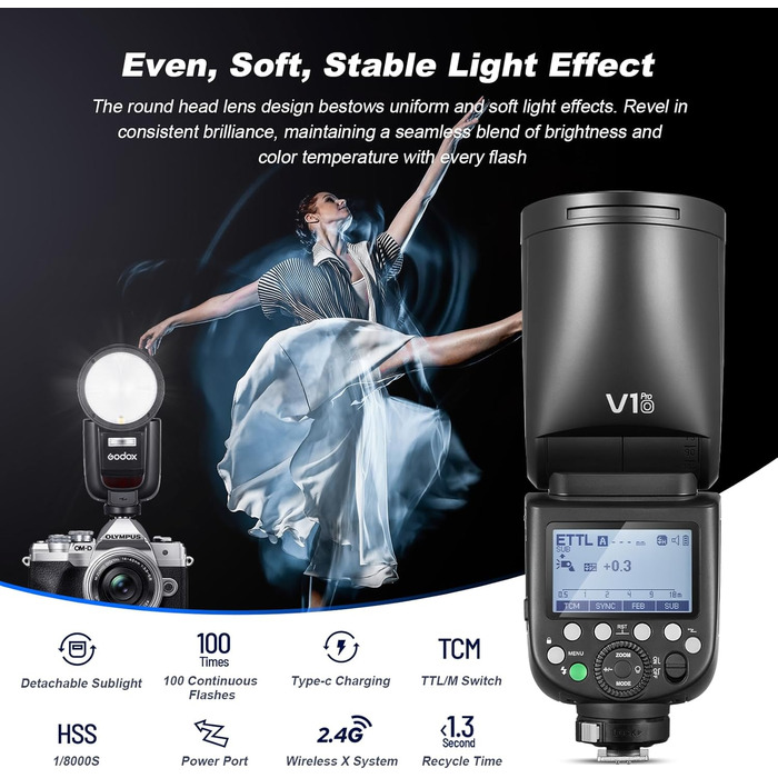 Godox V1Pro – Світловий спалах для камер Fujifilm з підтримкою TTL, 76Ws, HSS 1/8000s, Li-ion батарея, 2.4G Wireless
