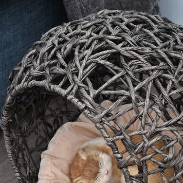 PawHut Rattan Cat House with Cushion, Cat Sleeping Place, Cat Cave with Raised Feet, Natural Ø52 x 58 cm (Silver Grey)