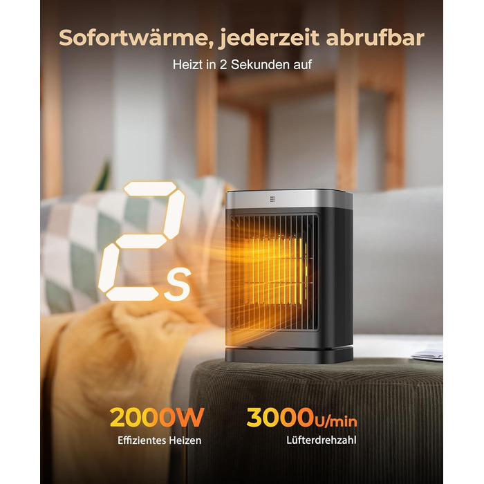 Електричний обігрівач PTC керамічний 2000W з термостатом, 75° обертання, 3 режими, таймер, захист від перегріву та перекидання