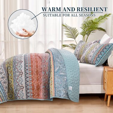 Ковдра стеганий богемний WONGS BEDDING, розмір King, 261,6 x 228,6 см, жовтогарячий, мікрофібра, 3 шт. (King, Рожевий, Синій)
