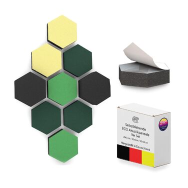 Акустичні 3D-панелі PolySound ECO гексагон, самоклеючі звукопоглинаючі шестигранники для офісу, геймінгу та дому, набір 9 шт (3-10 см), колір Jungle Jive