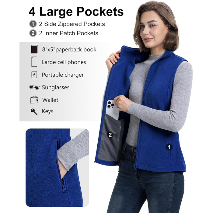 Жіноча флісова жилетка 33,000ft з капюшоном, ультралегка, з кишенями та блискавкою. Outdoor жилетка для жінок (52, середньо-блакитний)
