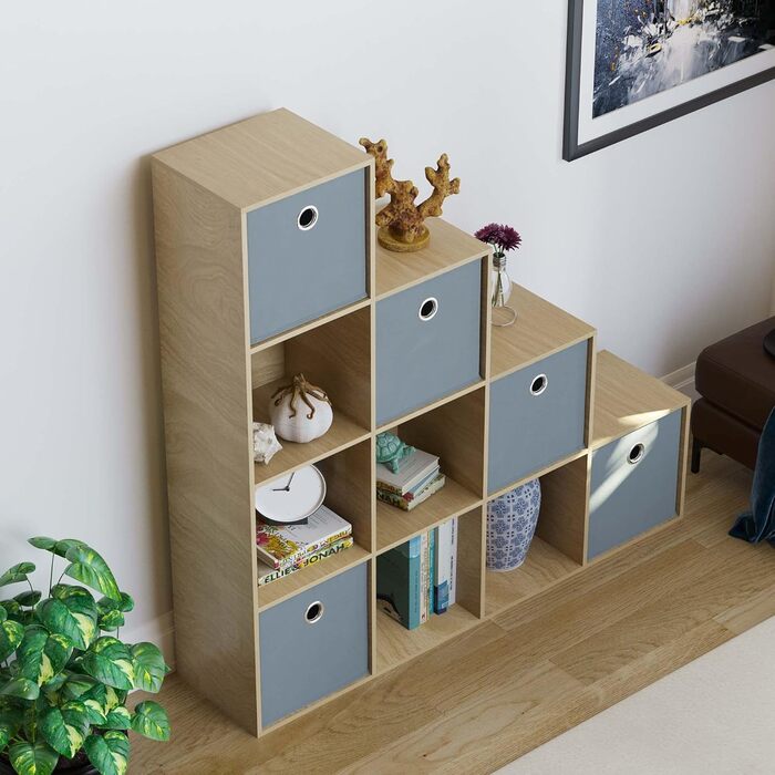 Стелаж Vida Designs Durham для вітальні, 10 кубів, дуб, з 5 сірими кошиками – книжкова полиця, органайзер, меблі для зберігання