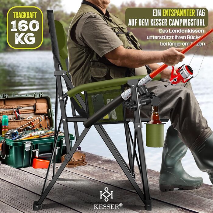 Кресlo для кемпінгу KESSER® з високою спинкою, 160 кг, з підлокітниками, тримачем для напоїв та світлом, хакі/чорний