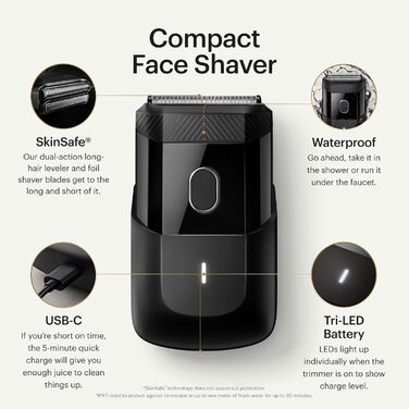 The Handyman™ by MANSCAPED®: Travel Shaver, Lightweight Rechargeable Electric Shaver with USB-C Charging Cable for On-the-Go, Washable, with Long Hair Trimmer and Foil Shaver Head.