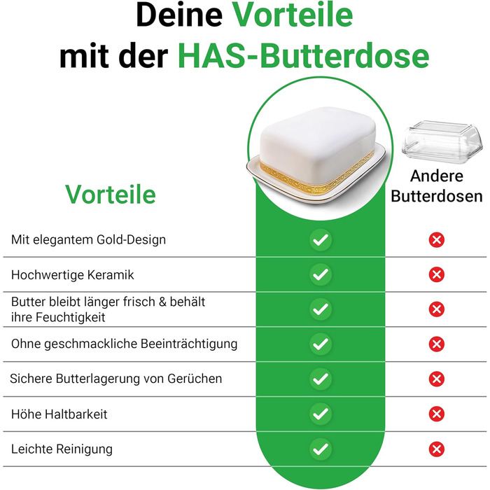 HAS Butterdose Ceramic, white for 250g butter, butter dish and butter bell with a very high-quality gold-rimmed design - butter box and butter crock, butter container for storage, dishwasher safe