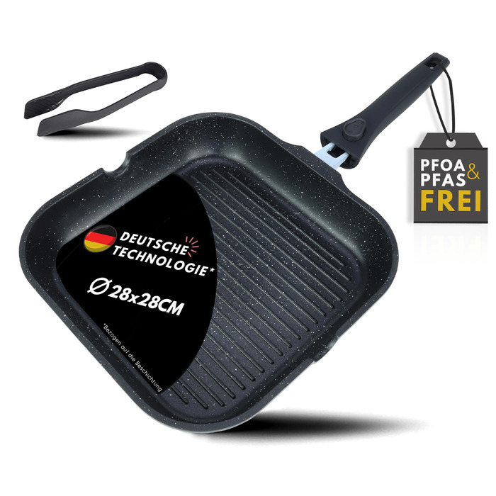 Сковорідка гриль 28 см з рифленою антипригарною поверхнею та знімною ручкою, для всіх типів плит (індукція) – для стейків та овочів гриль, з щипцями, без PFOA/PFOS, чорна