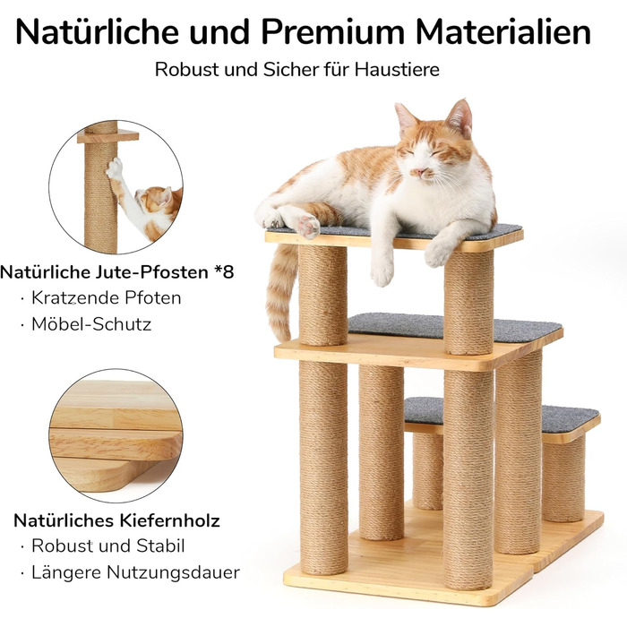 Сходинки для собак FUKUMARU, 3 сходинки, з натурального дерева та джуту, регульована висота 18-51 см, вантажопідйомність до 90 кг, знімний м'який килимок, 6 варіантів комбінації кольорів, підходить для котів та собак