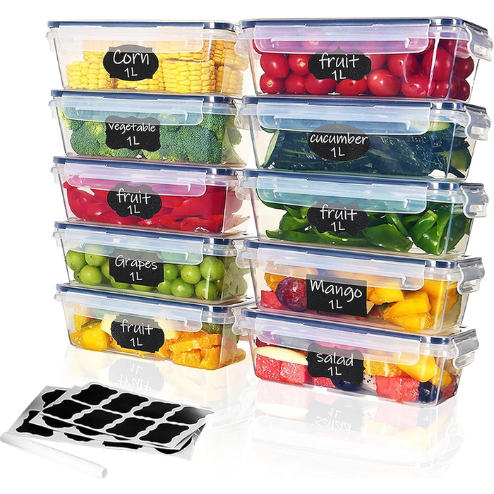 Набір контейнерів для зберігання їжі 10 шт. по 1 л, BPA-free, щільні, складені, для заморожування та Meal Prep, для кухні