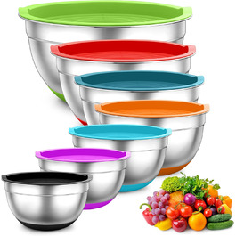 TEAMFAR Mixing Bowl Set, 7-Piece Stainless Steel Bowl Salad Bowl Set with Airtight Lids and Silicone Bottom, Nesting & Dishwasher Safe, 0.7L / 1.2L / 1.5L / 2.5L / 2.8L / 3.5L / 6.5L, assorted colors