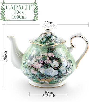 Порцелянова чайник з кістяної порцеляни 1 л Vintage Floral, біла троянда, для чаю та кави, подарунок для чайної вечірки