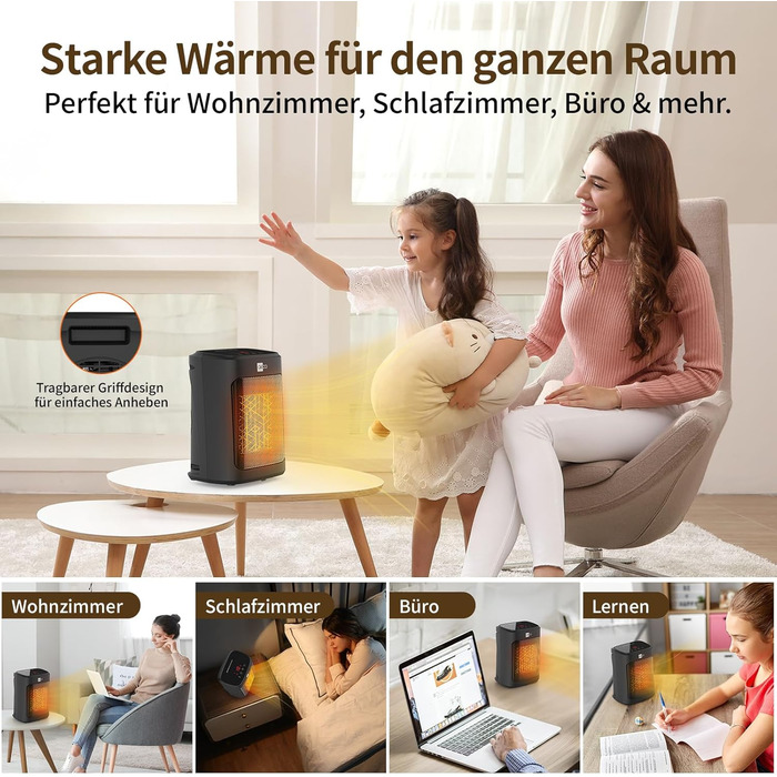 Електричний обігрівач Aeco EcoHeat Boost 58 см з пультом керування, 2000W, LED ECO-режим, таймер 24H, 4 режими, тиха керамічна панель, термостат, захист від перегріву та перекидання