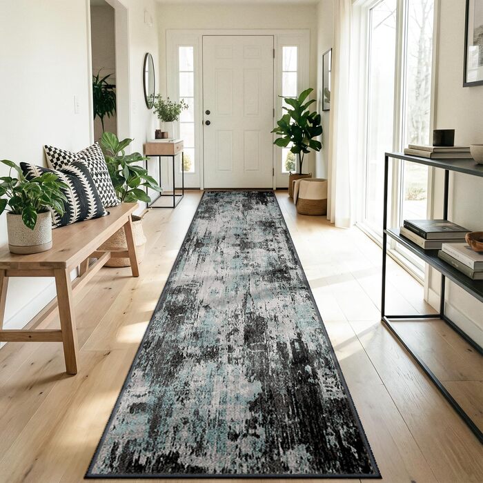 Килимок-доріжка 60 x 180 см, неслизький, з коротким ворсом, для кухні, миється, складається, абстрактний дизайн, синьо-чорний колір, підходить для входу, кухні, вітальні та офісу