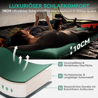 Каремат HIKENTURE самонадувний, 10 см товщини, для кемпінгу, туризму та подорожей (темно-зелений)