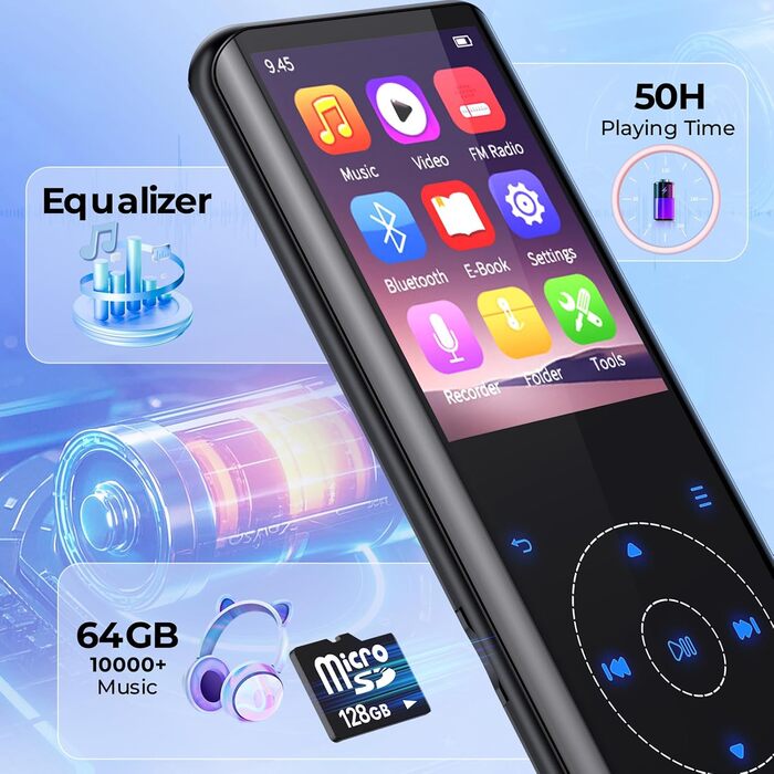 MP3 плеєр 64GB Bluetooth 5.3 HiFi без втрат, металевий корпус, вбудований динамік HD, сенсорне управління, диктофон для спорту (Чорний)