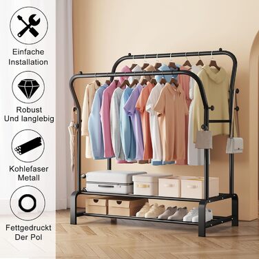 Вішалка для одягу металева подвійна Stabil з 8 гачками та 2 полицями для взуття, чорна – функціональна стійка для спальні